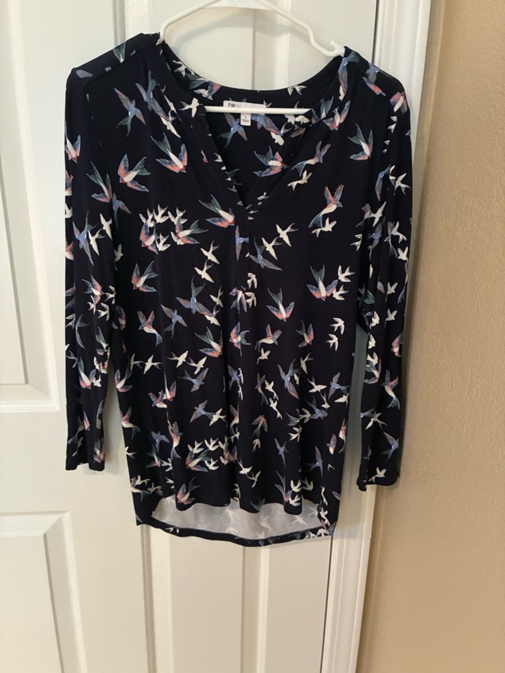R2 Navy Long-Sleeve V-Neck Top with Pastel Bird Print